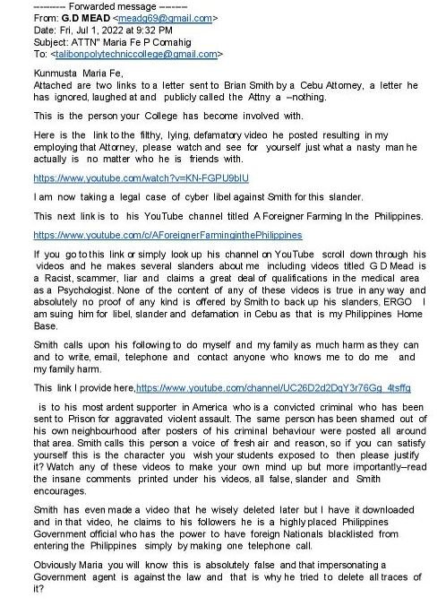 Mead 22 07 01 Email to Talibon Polytecnic College page
