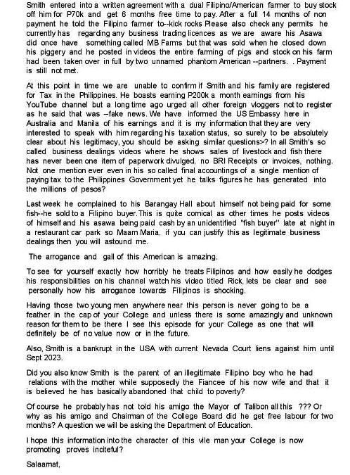 Mead 22 07 01 Email to Talibon Polytecnic College page
